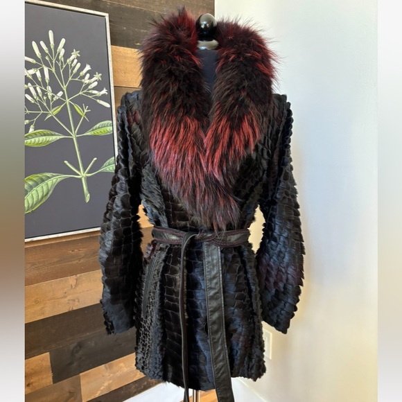 Mano Swartz Cut Calf Lambskin Dyed Coon Collared Button Front Tie Coat Womens S